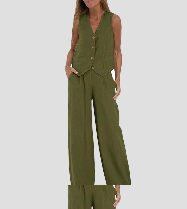 Elevate Your Style with the Aira™ Buttoned Vest and Wide-Leg Trousers Ensemble