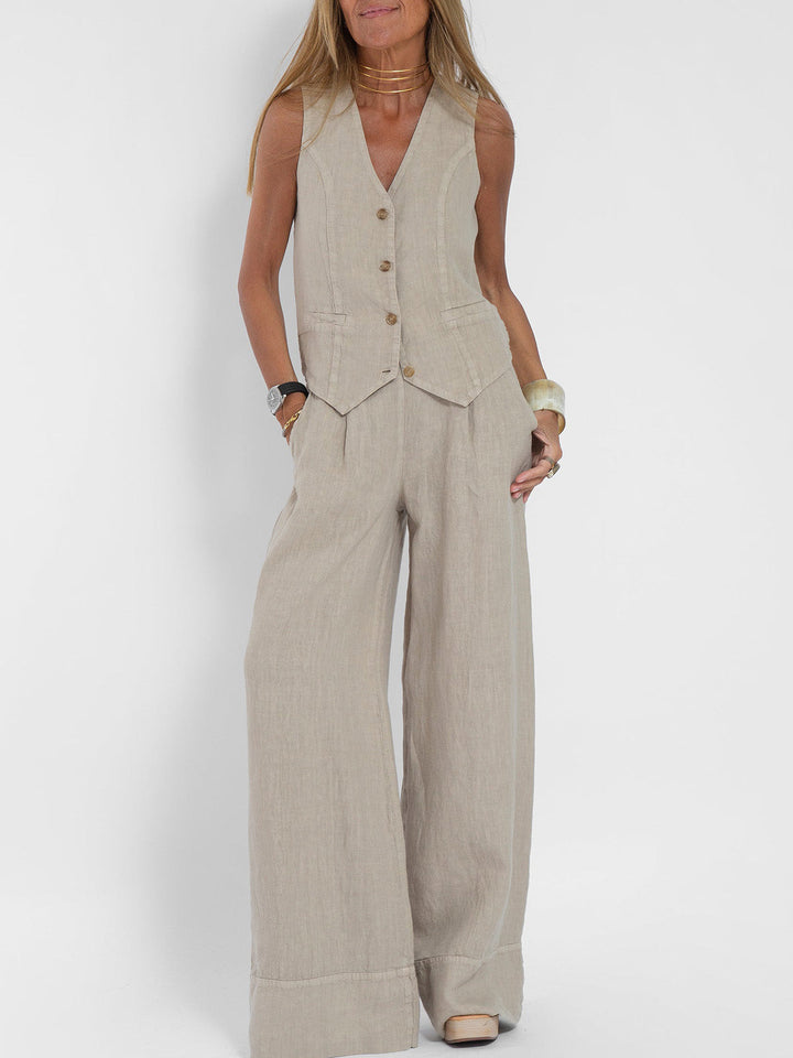 Elevate Your Style with the Aira™ Buttoned Vest and Wide-Leg Trousers Ensemble