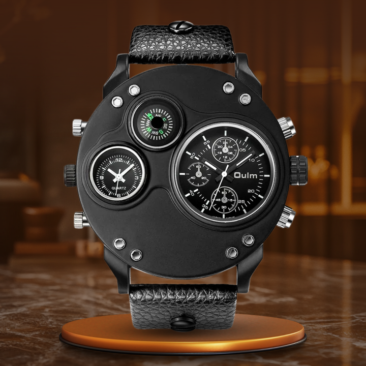 BLACK LEATHER DOUBLE TIMEZONE QUARTZ WATCHES | Stylish dual-time elegance