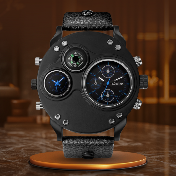 BLACK LEATHER DOUBLE TIMEZONE QUARTZ WATCHES | Stylish dual-time elegance
