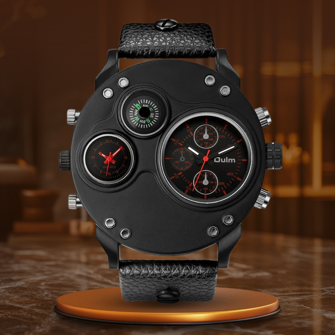 BLACK LEATHER DOUBLE TIMEZONE QUARTZ WATCHES | Stylish dual-time elegance