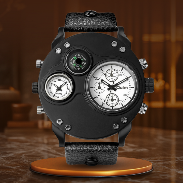 BLACK LEATHER DOUBLE TIMEZONE QUARTZ WATCHES | Stylish dual-time elegance