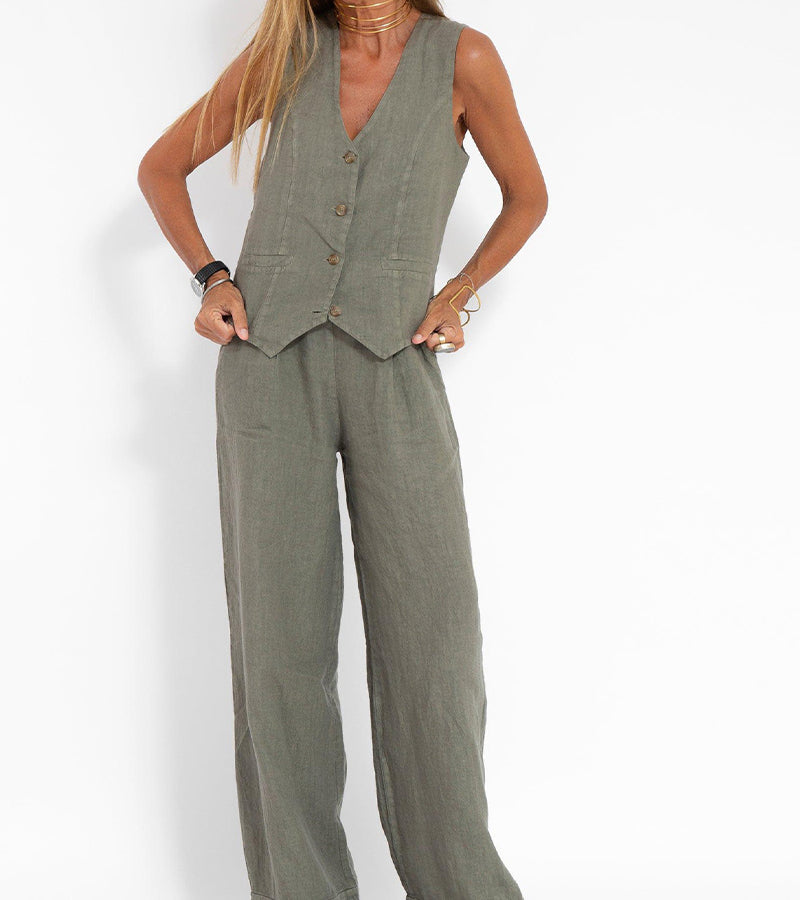 Elevate Your Style with the Aira™ Buttoned Vest and Wide-Leg Trousers Ensemble