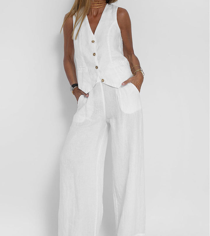 Elevate Your Style with the Aira™ Buttoned Vest and Wide-Leg Trousers Ensemble