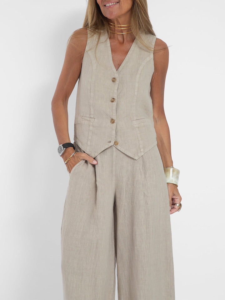 Elevate Your Style with the Aira™ Buttoned Vest and Wide-Leg Trousers Ensemble