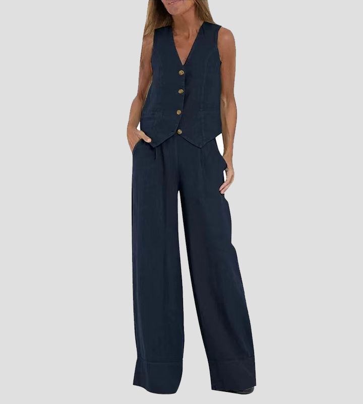 Elevate Your Style with the Aira™ Buttoned Vest and Wide-Leg Trousers Ensemble