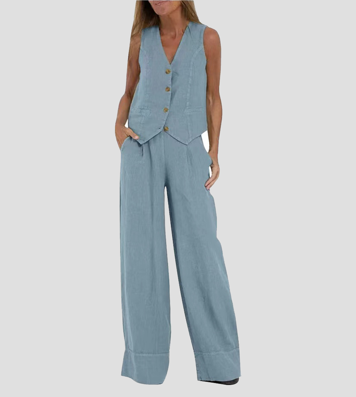 Elevate Your Style with the Aira™ Buttoned Vest and Wide-Leg Trousers Ensemble