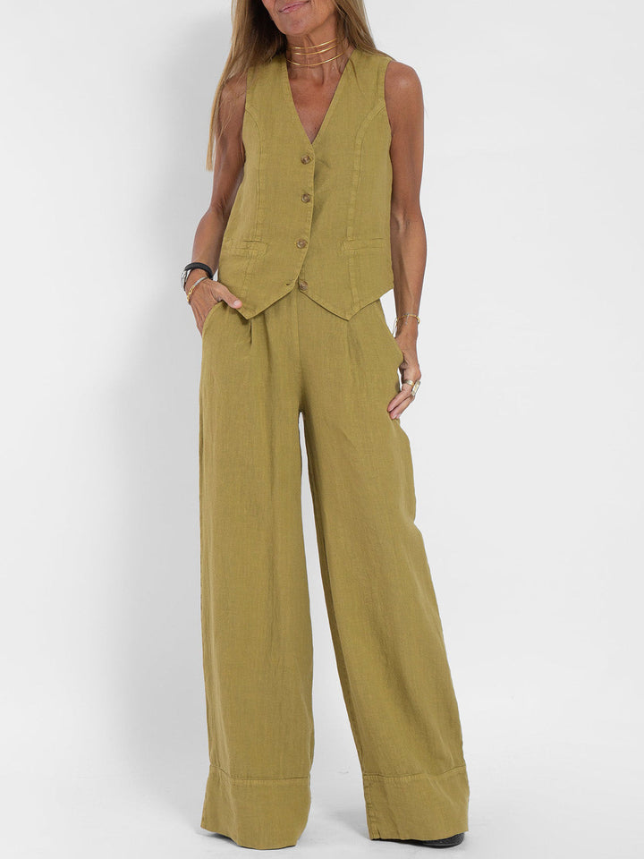 Elevate Your Style with the Aira™ Buttoned Vest and Wide-Leg Trousers Ensemble