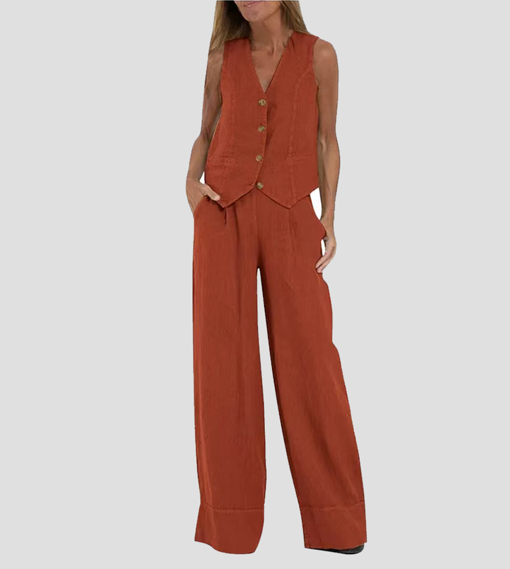 Elevate Your Style with the Aira™ Buttoned Vest and Wide-Leg Trousers Ensemble
